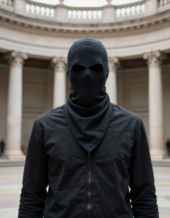 Hooded man standing in front of the National Gallery in Washington DC