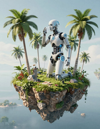 Robot on island floating in the ocean. 3D rendering.の写真素材