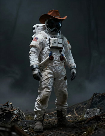 Astronaut in a dark space suit and a hat in the smokeの写真素材