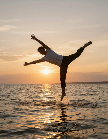 Silhouette of a man jumping in the water at sunset.の写真素材