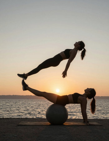 Silhouette of two young women doing yoga on the beach at sunset