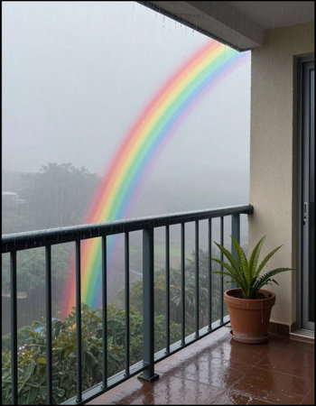 Rainbow on the balcony with a pot of plants and a windowの写真素材