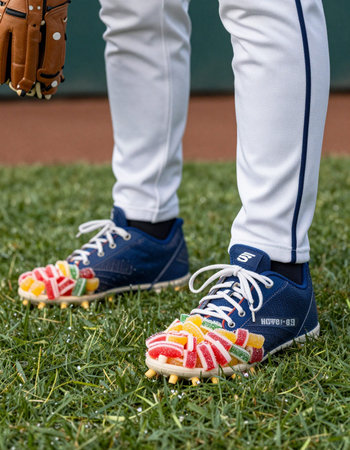 Baseball player with candy-covered cleats on the field, close upの写真素材