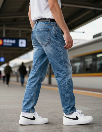 Young man in jeans and sneakers standing at the platform of a metro station