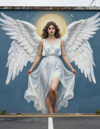 View of a beautiful woman in a vintage style dress next to a blue wall with angel wings.の写真素材