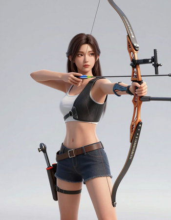 beautiful asian woman archer with bow and arrow on gray backgroundの写真素材