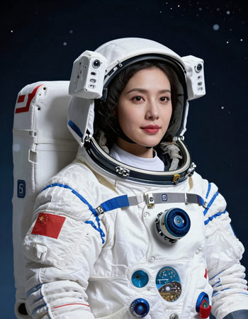 Portrait of a beautiful asian woman cosmonaut in space suit