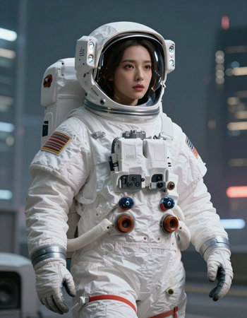 Beautiful asian woman cosmonaut wearing space suit and looking at camera