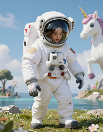 A little girl dressed as a cosmonaut with a unicorn.の写真素材