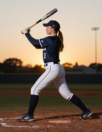 Young woman baseball player in action on a baseball field during a game.の写真素材