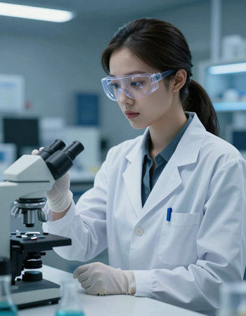 Female scientist working with microscope in laboratory. Science and technology concept.