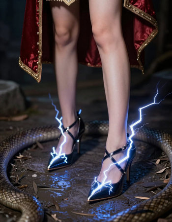 Female legs in high-heeled shoes with lightning and cobra