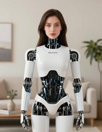 Female robot standing in living room at home, looking at camera.