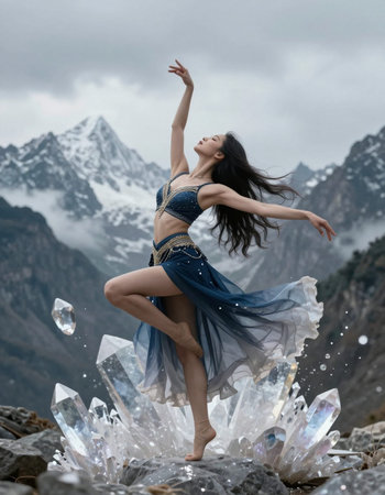 Beautiful ballerina in a blue dress dancing