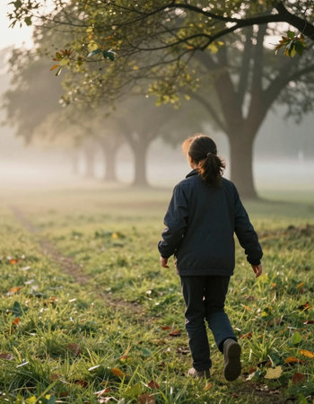 Back view of a little girl walking in the park on a foggy autumn morning