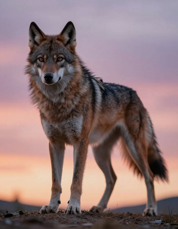 Close-up portrait of a wolf standing on a rock at sunset