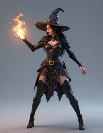 Brunette witch with a burning torch in her hand.