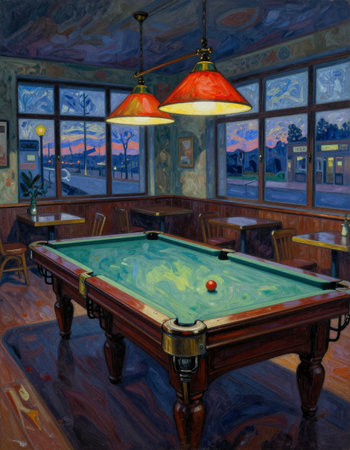 Billiard room with pool table and two lamps. Digital painting.