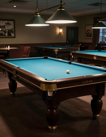 Billiard room with billiard table and balls, retro style.