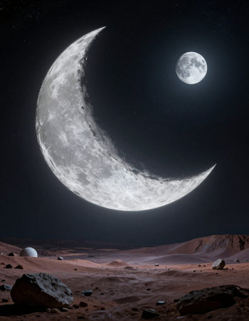 Moon and stars in the space.