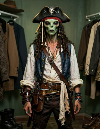 Portrait of a man dressed as a pirate with dreadlocks in a shop