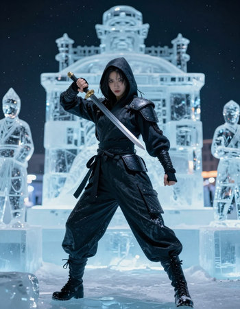 An ice figure in a black suit with a sword in his hands