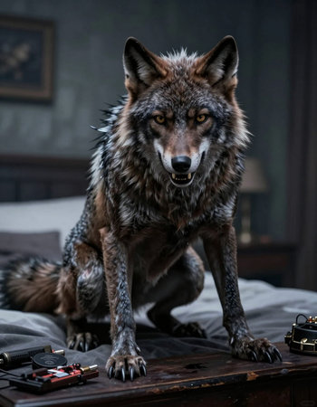 The wolf sits on the bed and looks at the camera.