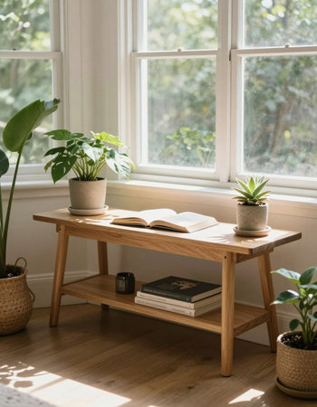 Wooden table with books, potted plants and cup of coffee on window sill