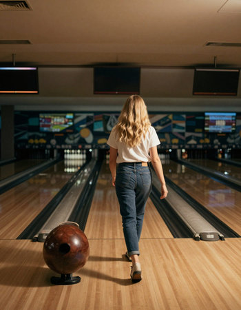 Young woman playing bowling in club, back view. Girl in jeans and t-shirt.