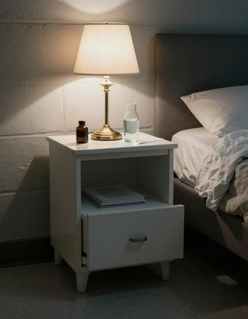 Bedside table with lamp and coffee cup in bedroom at night.