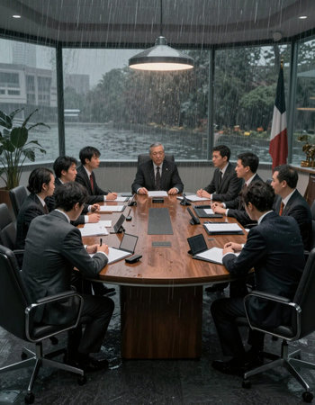 Group of business people meeting in conference room with rain and sky background