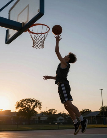 basketball player practicing and posing for basketball and sports athlete concept on sunset...