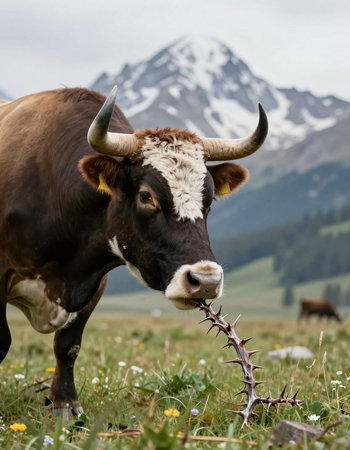 Cow with thorn on the background of mountains. Animal in the mountains.
