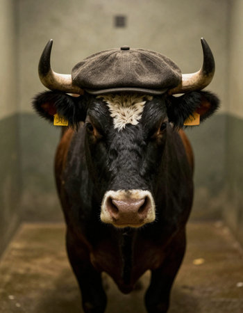 Portrait of a black cow with a cap on his head.