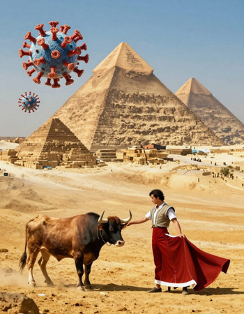 A woman in a red dress interacts with a bull in front of the pyramids of Giza.