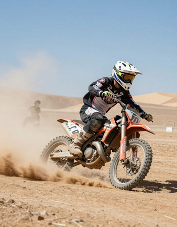 Motocross rider in action on the race track in the desert.