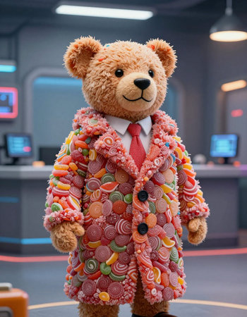 Teddy bear in a coat and tie with candies in his hands