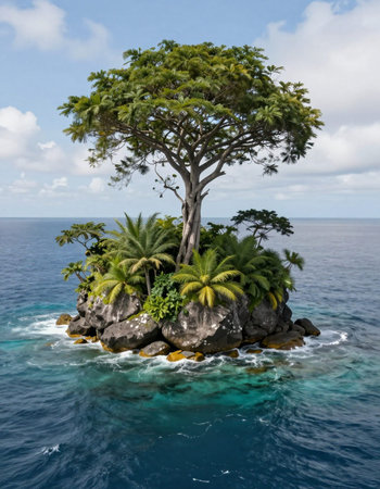 Tropical island with a tree in the middle of the seaの写真素材
