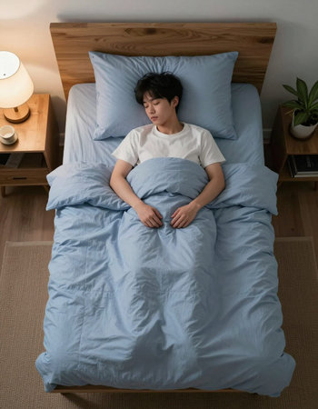 High angle view of a young person sleeping in the bed at homeの写真素材