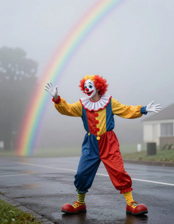 clown in the rain with a rainbow in the background, horizontal photo