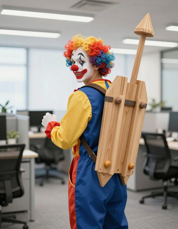 Clown with a wooden rocket in his hand in a bright office.