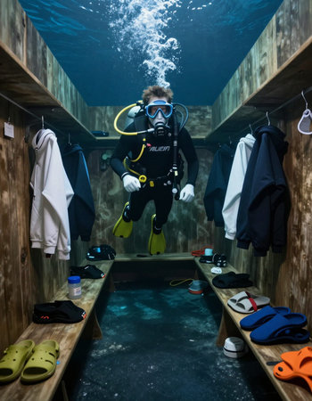 Scuba diver in a diving studio. Underwater photo of diverの写真素材