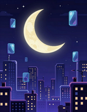 Night city with moon and street lamps. Vector illustration in flat style