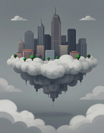 Clouds floating in the air over the city. 3d illustration