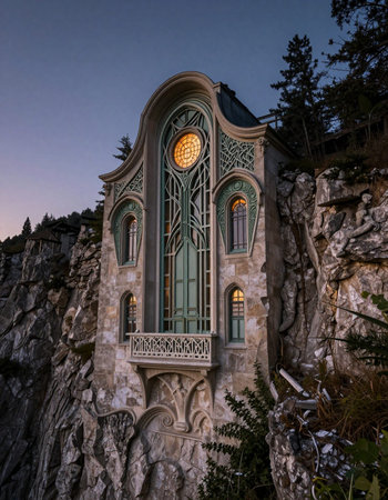 Fantastic view of a building in the mountainsの写真素材