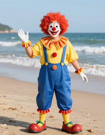 Clown on the beach with red hair and blue overalls.