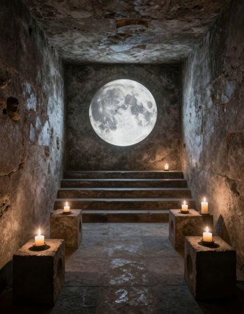 Luxury interior of an old castle with a full moon.