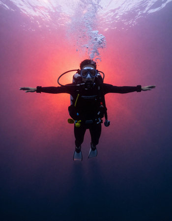 Silhouette of scuba diver in the sea. Underwater photography