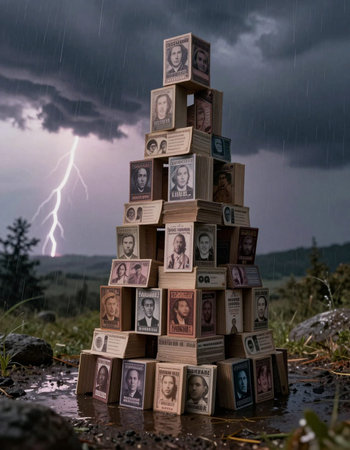 Conceptual image with wooden pyramid of money in the rain.