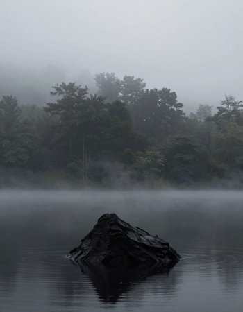 Foggy morning on the lake with tree stump in the foreground